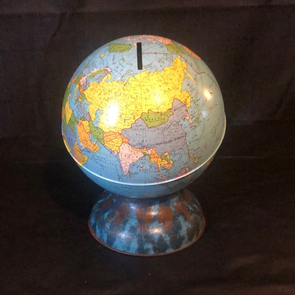 Tin Globe Ohio Art bank with rare Zodiac base in excellent VTG condition 7” H